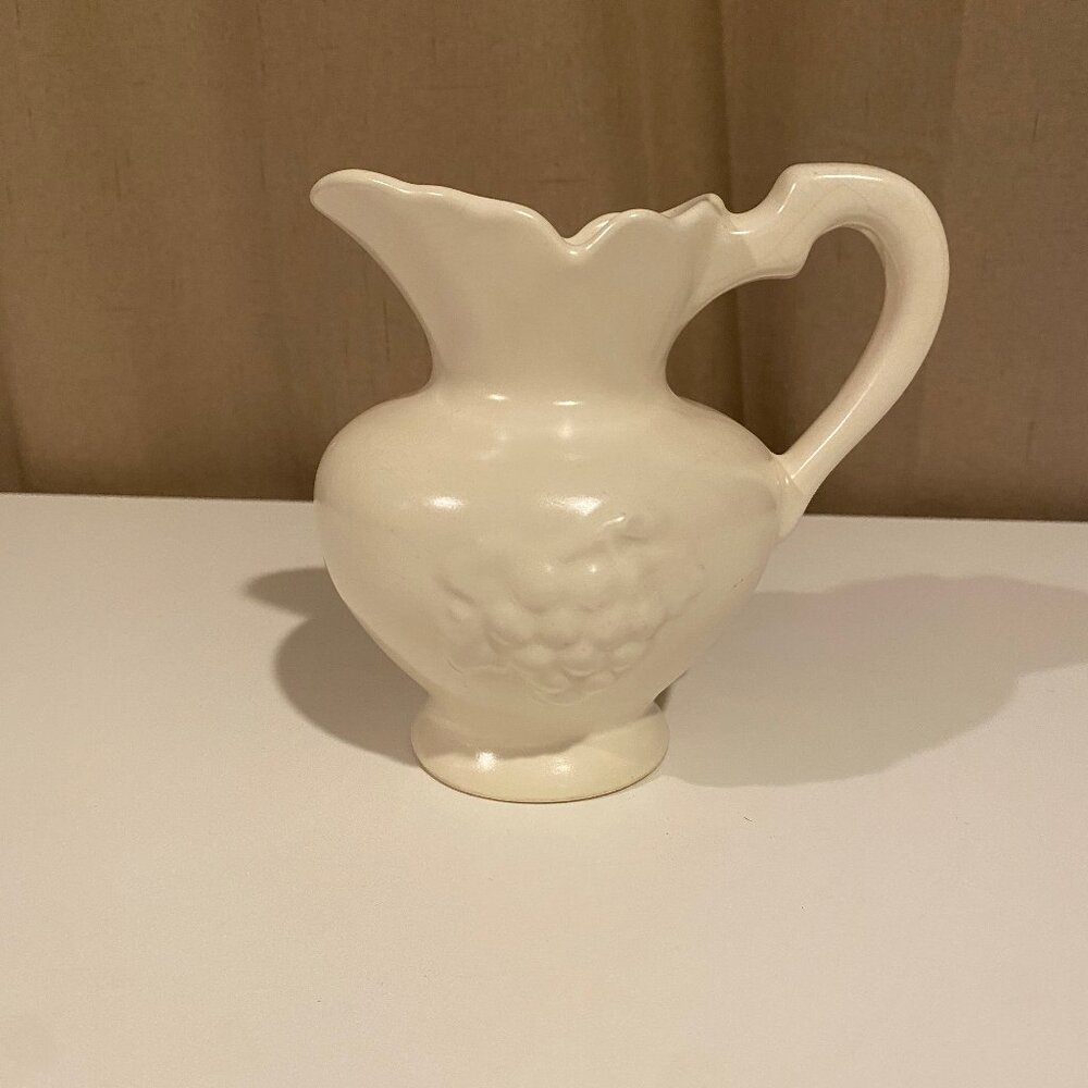 Vintage Cream Stoneware Pitcher Vase – Raised Grape Design, Farmhouse Style‎